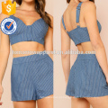 Listrado Zip Up Crop Top Com Correspondência Shorts Set Fabricação Atacado Moda Feminina Vestuário (TA4087SS)